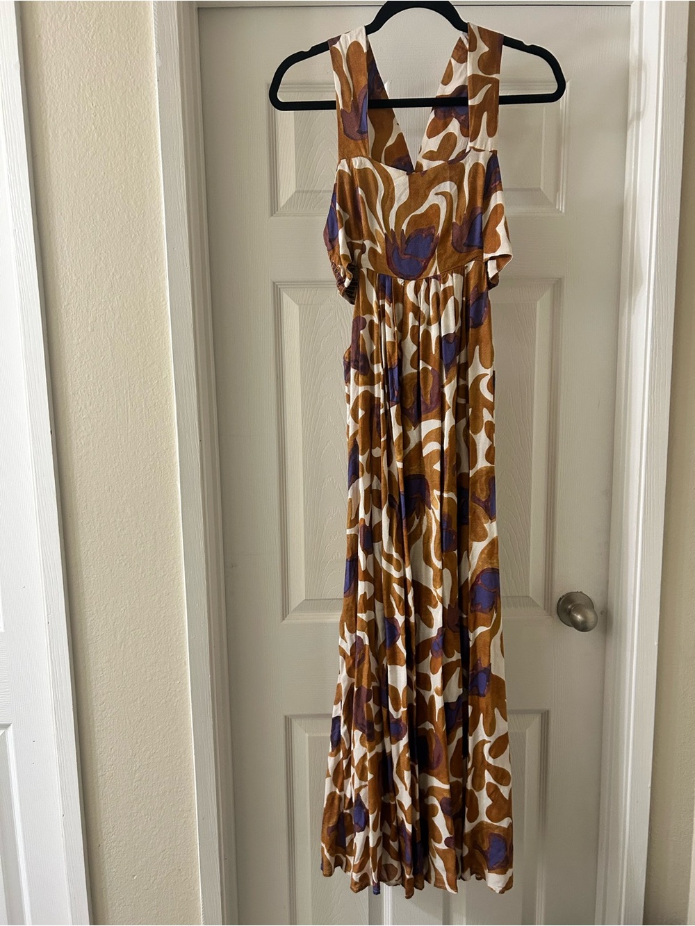 Anthropologie Brown, Cream & Purple Abstract Print Maxi Dress
